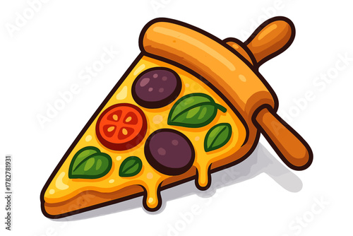 Appetizing cartoon pizza slice with dripping cheese pepperoni tomato basil and a rolling pin