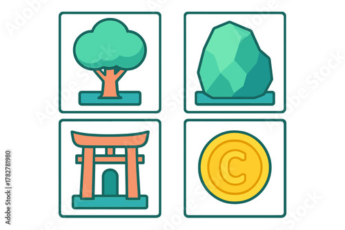 Colorful icons: nature, culture, geology, and intellectual property symbols