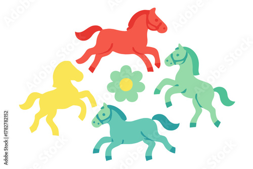 Brightly colored stylized horses in motion surrounding a simple floral design