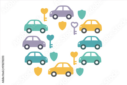 Colorful pattern of stylized cars, heart-shaped keys, and security shields arranged in a circle