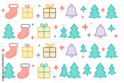 Cute pastel Christmas holiday seamless design featuring festive trees, stockings, gifts, and bells