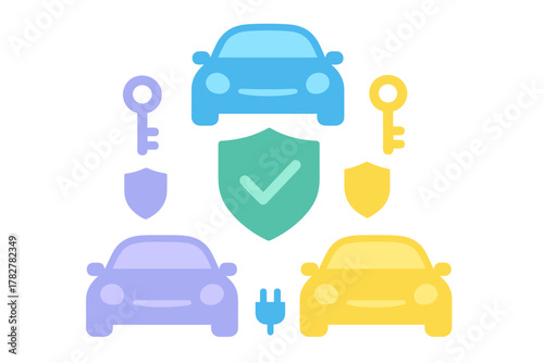 Colorful icons for car insurance, vehicle security, electric charging, and automotive protection services