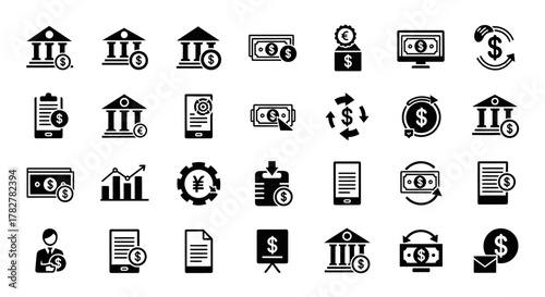 Comprehensive set of black glyph icons for finance banking and money management. EPS Editable