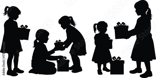 Children silhouette exchanging festive gift boxes, joyful kids celebration, holiday present sharing, friendship bonding, party fun, generosity, happiness, togetherness
