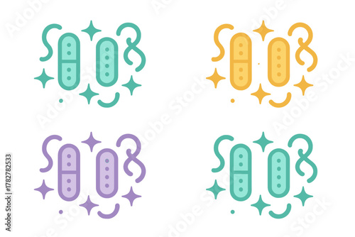 Colorful icons of medical capsules or probiotic pills surrounded by sparkling wellness effects