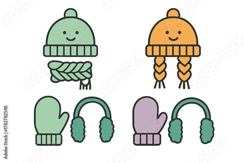 Colorful set of warm winter accessories including knit beanies, braided scarf, mittens, and earmuffs