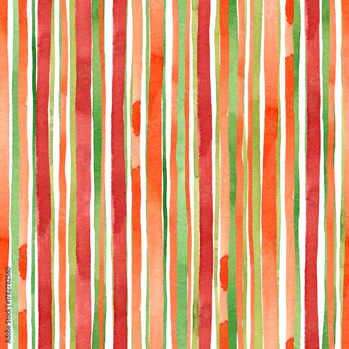 Watercolor seamless pattern with red and green vertical stripes. Hand-painted festive design perfect for wrapping paper, fabric prints, wallpaper, and Christmas home decor.