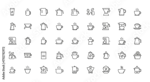 Hand drawn coffee and tea icon set in a sketchy doodle style. EPS Editable