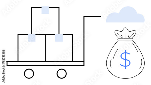 Boxes stacked on a hand truck and a money bag with a dollar sign under a cloud. Ideal for logistics, e-commerce, delivery, shipping, financial growth, trade, supply chain. Simple flat metaphor