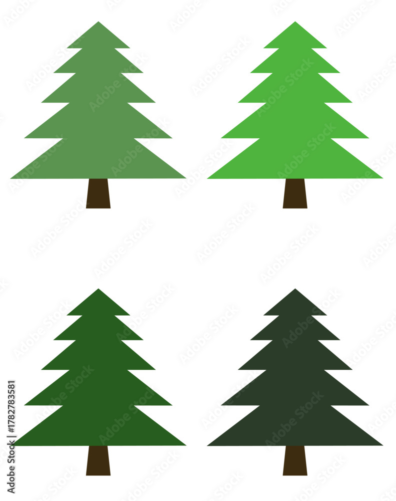 Fototapeta premium Collection of four stylized triangular pine trees in different shades of green. Simple graphic vector illustration set of conifer