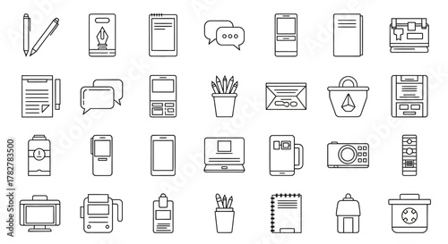 Hand drawn office and business icons set in a doodle sketch style. EPS Editable