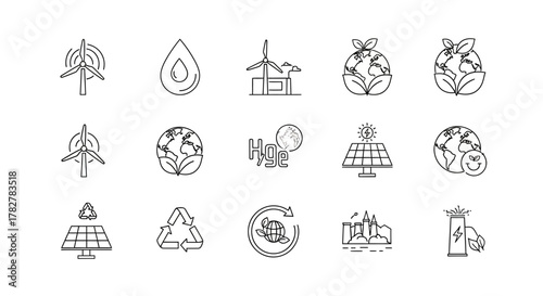 Hand drawn doodle icon set for ecology and renewable energy concepts Sketchy symbols of sustainability wind power and solar panels. EPS Editable