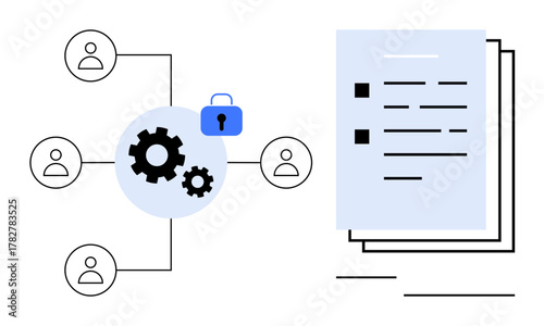 Interconnected users via secured gear mechanism next to organized documents. Ideal for team collaboration, data sharing, workflow, information security, cloud computing, file management