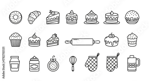 Hand drawn collection of bakery pastry and baking equipment icons. EPS Editable