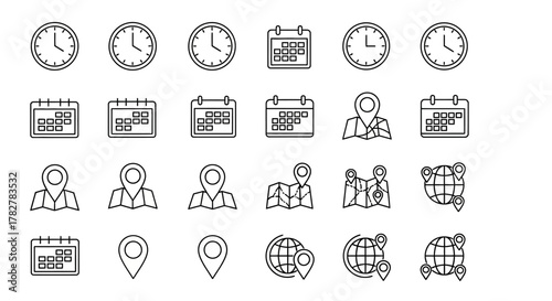 Hand drawn doodle icon set of time date and location elements like clocks calendars maps and pins. EPS Editable