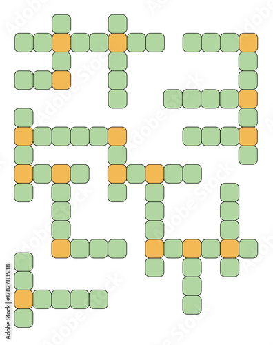 Blank crossword puzzle grid with green and orange tiles for word game template. Colorful word puzzle layout