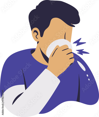 Flat illustration of a man sneezing into a tissue, symbolizing cold, flu, or allergy prevention and personal hygiene, suitable for medical, healthcare, and seasonal illness-related content