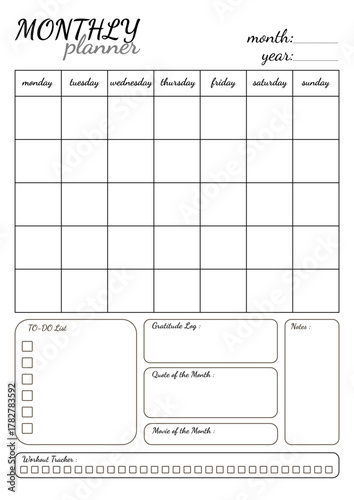Black and white monthly planner template with calendar grid and various activity sections. Printable calendar design for planning and organizing with to-do list, notes and tracker