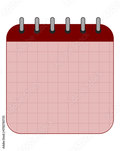 Red cartoon wire-bound blank desk calendar with grid lines. Empty monthly planner sheet template with spiral binding and squared paper