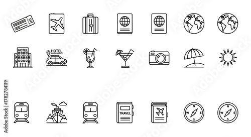 Hand drawn travel and vacation doodle icon set collection. EPS Editable