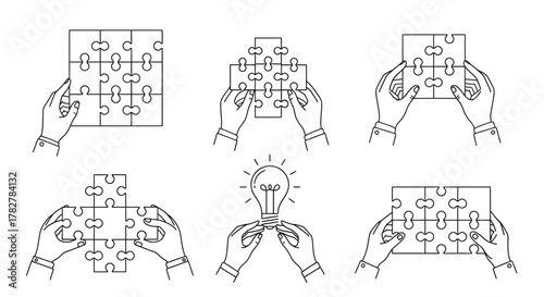Hands assembling jigsaw pieces with light bulb idea concept line icons. EPS Editable
