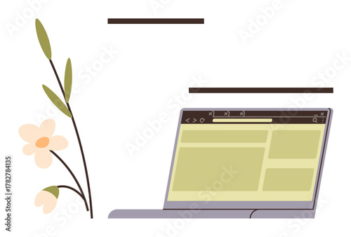 Open laptop with a web browser interface alongside a delicate flower and leaves. Ideal for creativity, productivity, nature, balance, online learning, sustainability, and minimalism. A simple flat