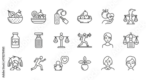 Healthy Lifestyle and Wellness Outline Icon Set Collection. EPS Editable