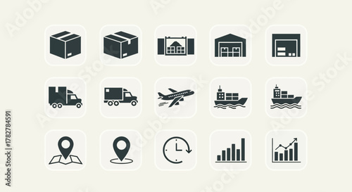 Logistics and delivery icons set with transport and analytics. EPS Editable
