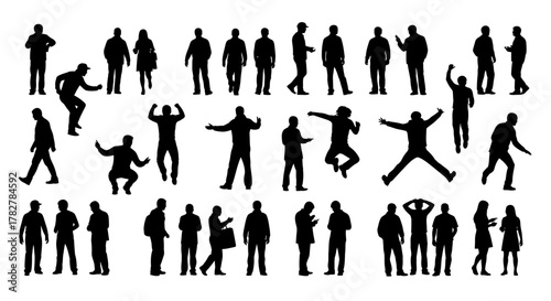 Large collection of black people silhouettes in various poses and actions. EPS Editable