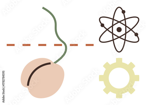 Seed sprouting with dashed line, atom structure, and gear symbolizing growth, science, innovation, mechanics, progress, ideas and technology. Ideal for education engineering biology startup