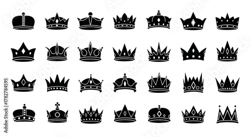 Large collection of black silhouette crown icons set on white background. EPS Editable