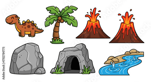 Illustration of cartoon dinosaur with volcano and palm tree in prehistoric landscape vector graphic design
