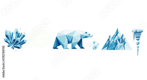 Geometric arctic animal illustration with polar bear and icebergs in low poly style design concept