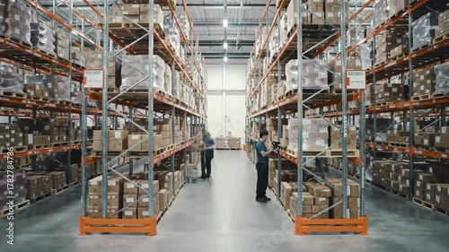 Busy warehouse operation with workers and stocked shelves showing supply chain efficiency and logistics in action for B-roll use cases