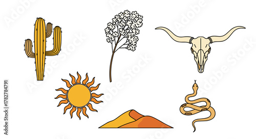 Illustrative desert landscape with cactus, sun, skull and snake for western themed designs