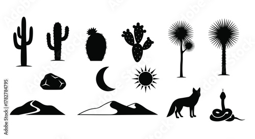 Desert landscape with cactus, mountains, sun, moon, coyote and snake vector illustration design