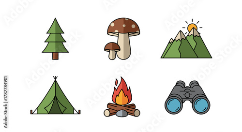 Camping outdoor adventure elements including tent campfire mountains tree and binoculars vector illustration