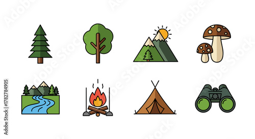 Illustration of camping elements including tent campfire mountains trees and binoculars for outdoor adventure