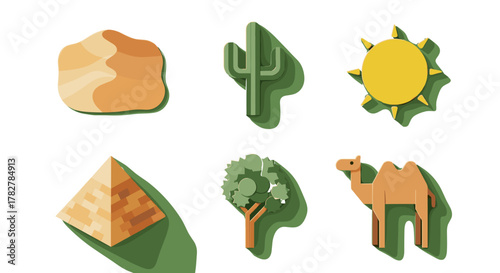 Explore the arid landscape: desert scene with pyramid, cactus, camel, and sun vector illustration