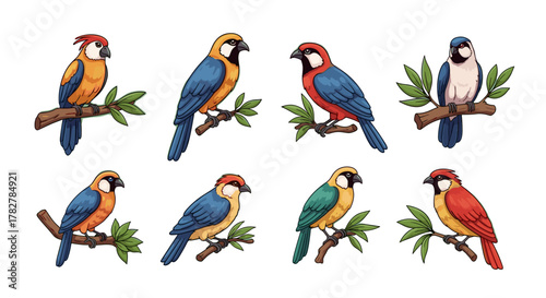 Collection of colorful parrots perched on branches illustration vector design graphic art images set for decoration