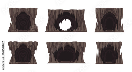Cave entrance illustration set for game design asset and dungeon concept art with rock formations and shadow