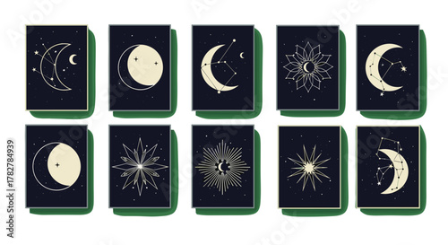 Celestial tarot cards illustration set with moon phases and stars for astrology and mystic themes design