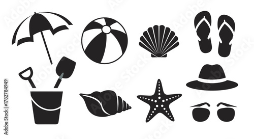 Summer vacation vector graphics featuring beach essentials like umbrella, starfish, and seashells design