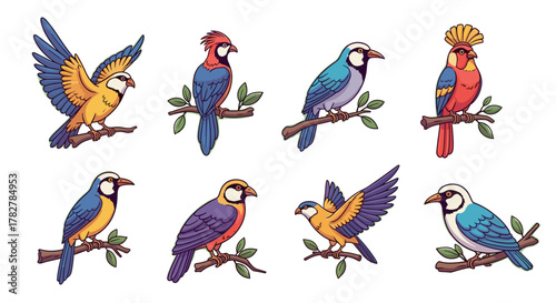 Colorful tropical birds illustration collection of exotic avian species perched on tree branches design vector art