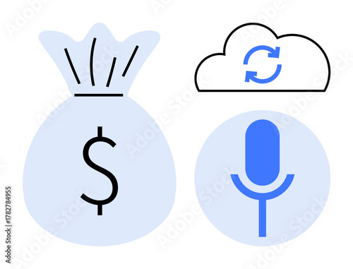 Money bag represents financial assets, cloud with sync arrows for data storage, microphone symbolizes voice technology. Ideal for finance, tech innovation, recording, data security, communication