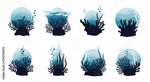Underwater ocean coral reef illustration with seaweed and aquatic plants vector design for marine life art