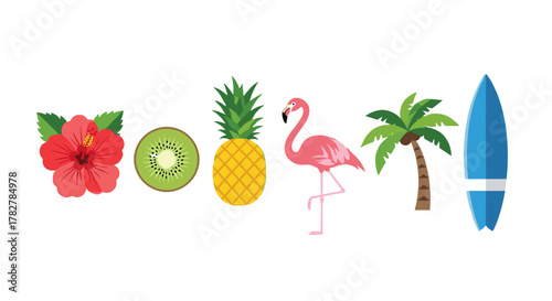 Tropical summer vacation elements including flamingo, surfboard, and exotic fruits illustration