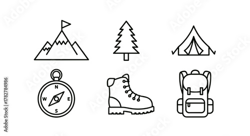 Adventure and outdoor recreation icons for hiking camping and travel journey exploration and nature vacation