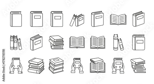 Minimalist book icon set in simple line art style for education and reading concepts. EPS Editable