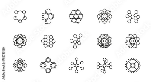 Minimalist science icons set featuring various molecule and atom structures in a simple line art style. EPS Editable